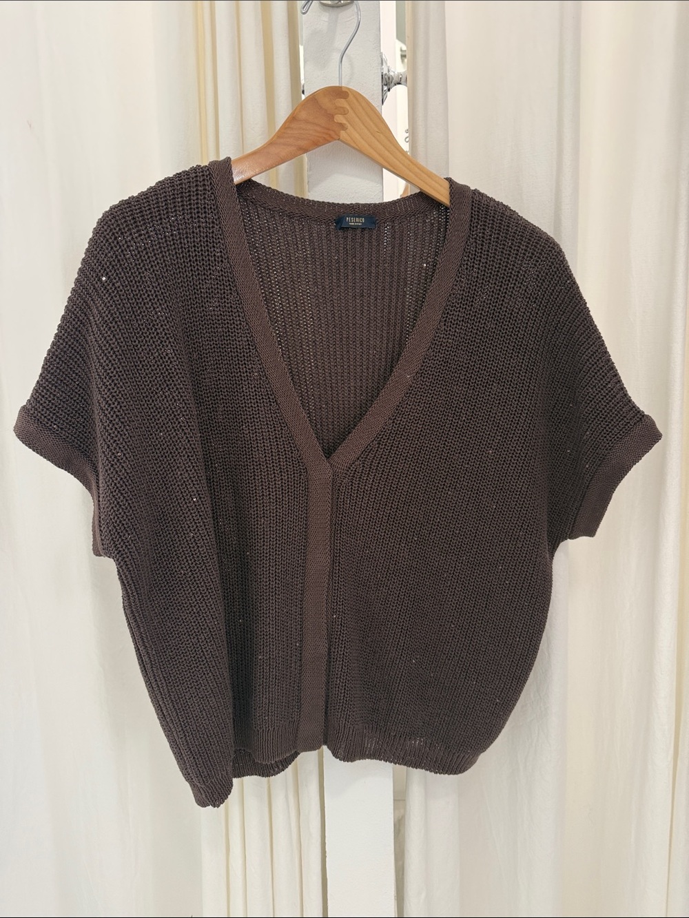 Peserico Deep Brown V-Neck Short Sleeve Knit Sweater